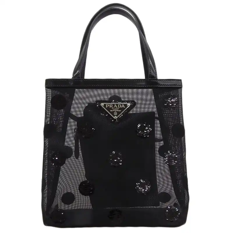 http://プラダ%20PRADA%20ポルカドット%20ハンドバッグ%20スパンコール%20メッシュ/レザー%20ブラック%201BG417%20中古%20OB2403