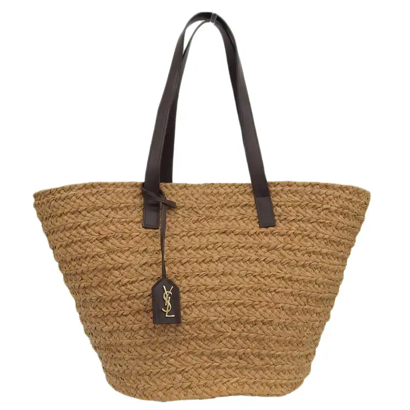 サンローラン SAINT LAURENT パニエ ミディアム トート バスケットバッグ ラフィア/レザー ベージュ/ブラウン 579521 中古 OB2404
