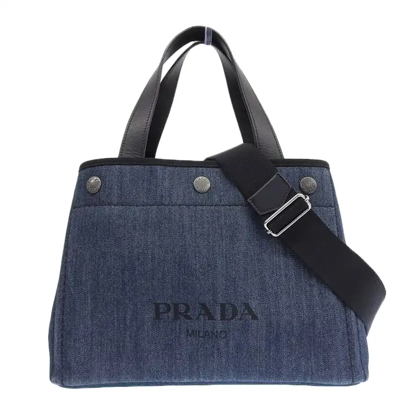 プラダ PRADA 2WAYバッグ トートバッグ ショルダーバッグ デニム レザー ブルー ブラック 1BG311 中古 OB2427