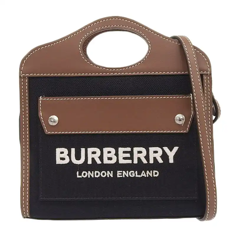 バーバリー BURBERRY ポケットバッグ マイクロ 2WAY ショルダーバッグ キャンバス レザー ブラック ブラウン 8055187 中古 OB2469