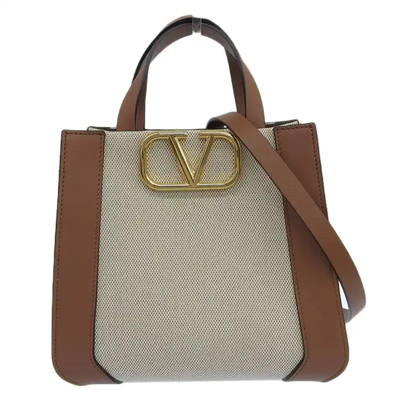 ヴァレンティノ VALENTINO Vロゴ 2WAY ハンド ショルダーバッグ キャンバス レザー ベージュ ブラウン 2W2B0L73YJH 中古 OB2472