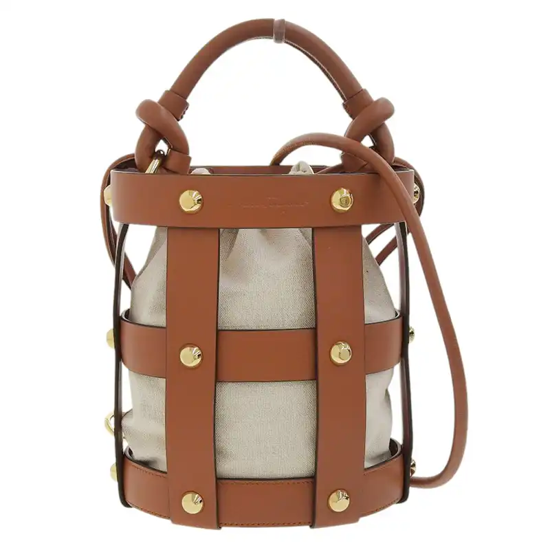 フェラガモ FERRAGAMO ゲージバッグ 2WAYバッグ ハンドバッグ レザー キャンバス ブラウン ベージュ 中古 OB2493