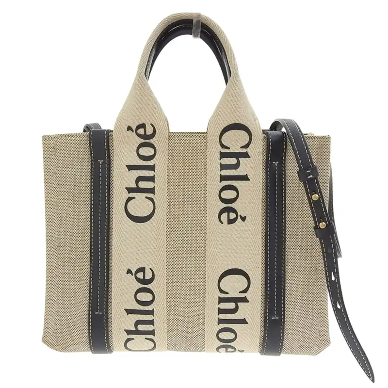 クロエ CHLOE ウッディスモール 2WAYバッグ トートバッグ ショルダーバッグ キャンバス/レザー ベージュ/ブラック 中古 OB2515
