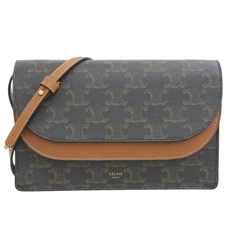 セリーヌ CELINE トリオンフキャンバス ショルダーバッグ ストラップ付ウォレット PVC/レザー タン 中古 OB2516