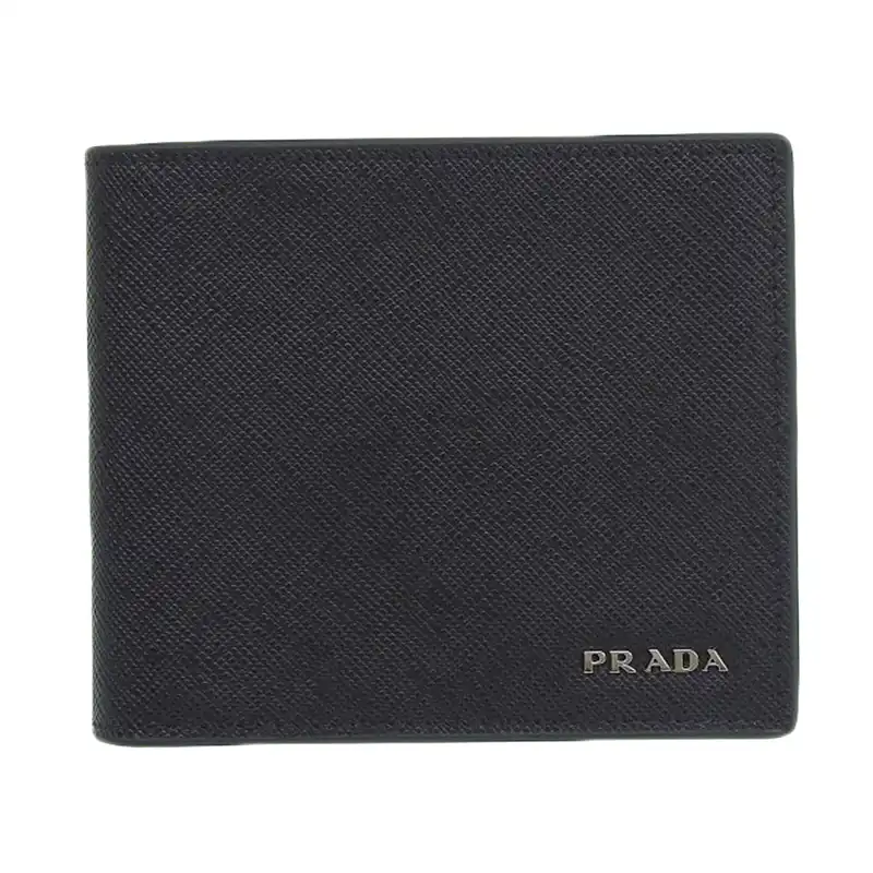 プラダ PRADA 二つ折り財布 コンパクトウォレット サフィアーノ レザー ブラック/ネイビー 美品 OBB0614