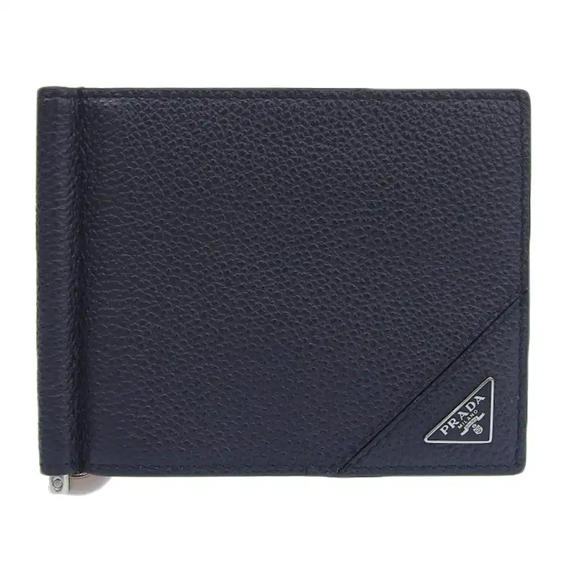 プラダ PRADA マネークリップ 二つ折り財布 カードケース ヴィッテロ レザー ネイビー 2MN077 中古 OBB0615
