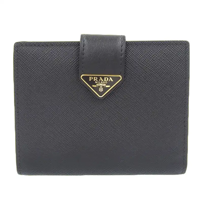 プラダ PRADA 二つ折り財布 コンパクトウォレット サフィアーノ レザー ブラック 1MV204 中古 OBB0621