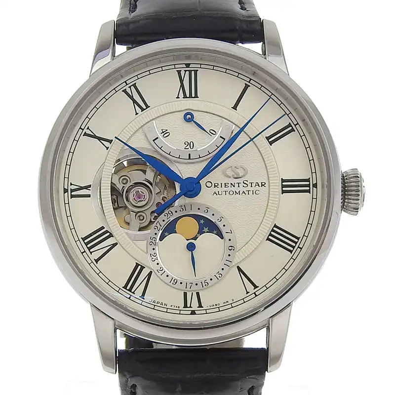 オリエントスター ORIENT STAR メカニカルムーンフェイズ メンズ 自動巻き 腕時計 SS/革 ホワイト文字盤 RK-AM0001S 中古 OW0468