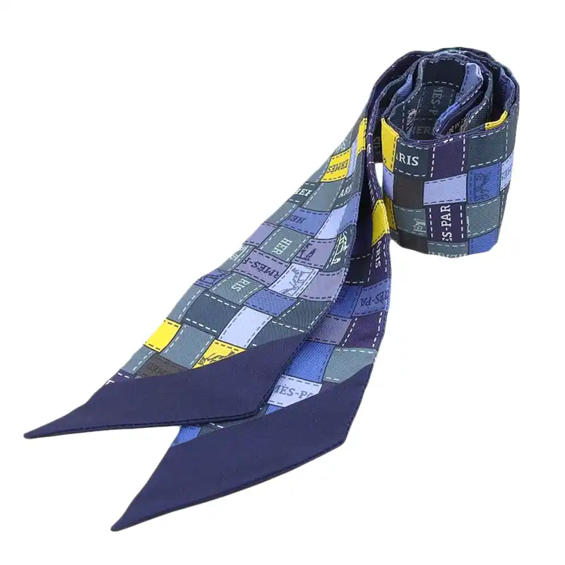 エルメス HERMES ツイリー スカーフ シルク ブルー ボルデュックチェック 中古 HE1088