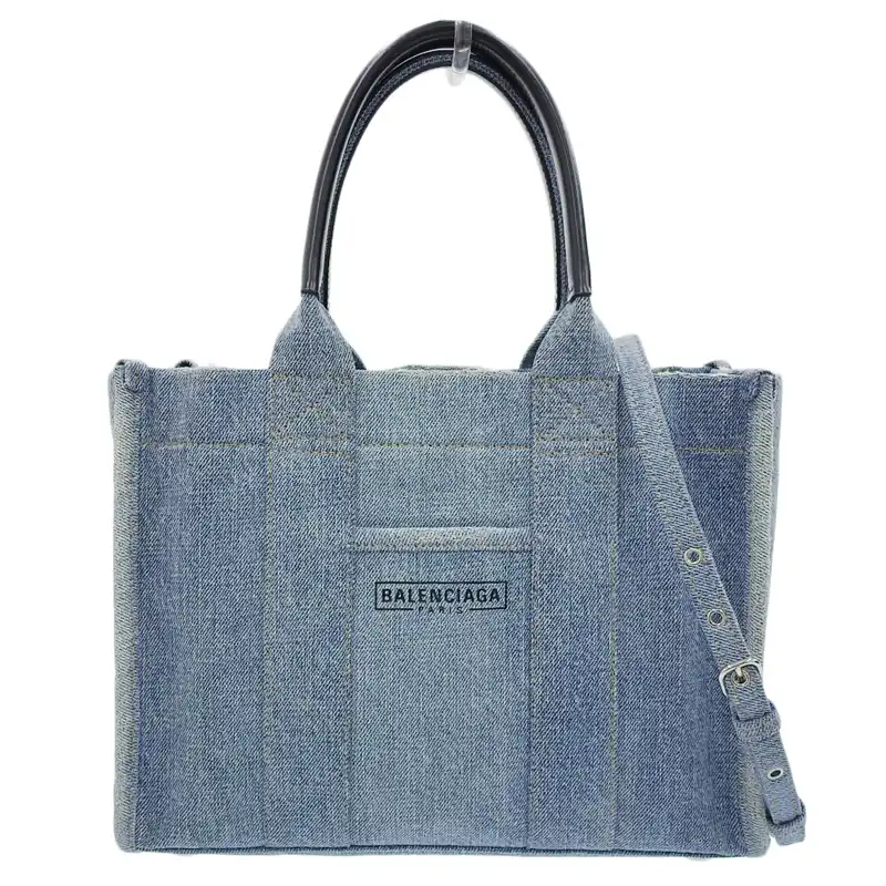http://バレンシアガ%20BALENCIAGA%20ハードウェアスモール%202WAY%20トートバッグ%20ショルダーバッグ%20デニム%20レザー%20青%20黒%20671402%20中古%20OB2465