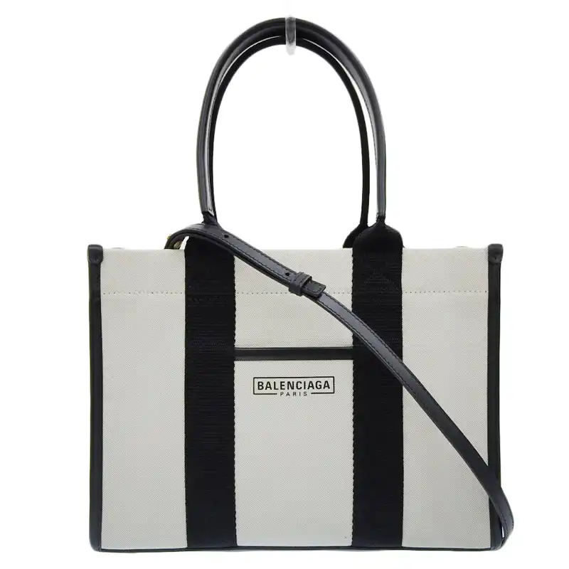 バレンシアガ BALENCIAGA ハードウェアスモール 2WAY トートバッグ ショルダーバッグ キャンバス レザー 白 黒 671402 中古 OB2467