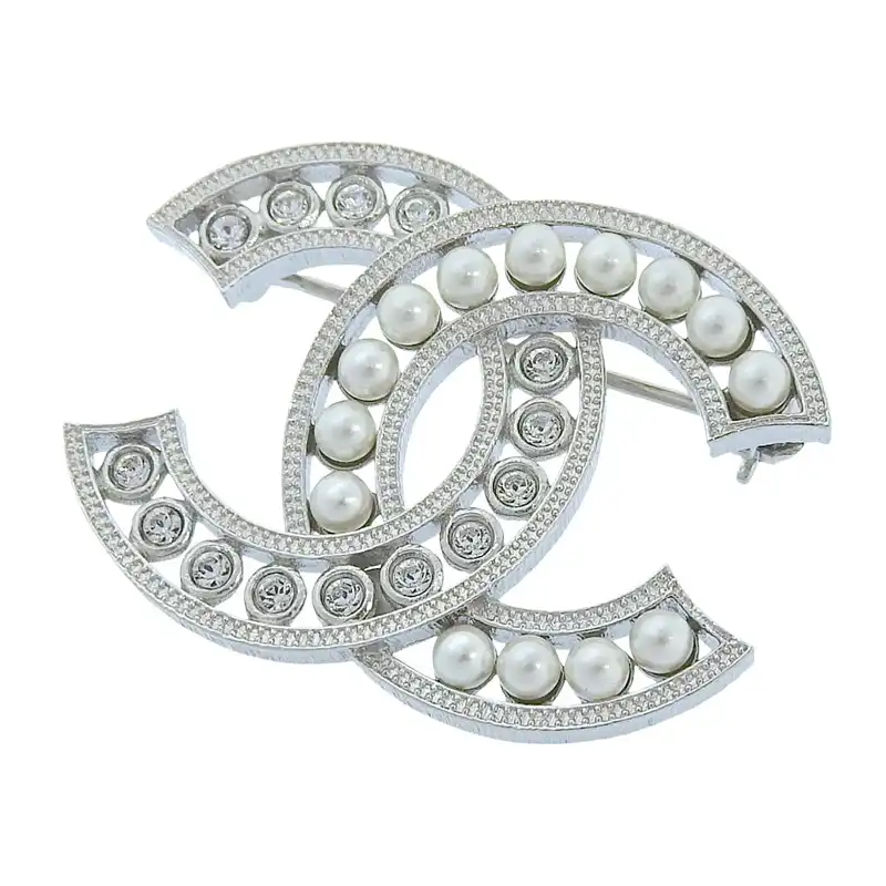 シャネル CHANEL ココマーク ブローチ ラインストーン フェイクパール シルバー色 B18A 中古 CH1018