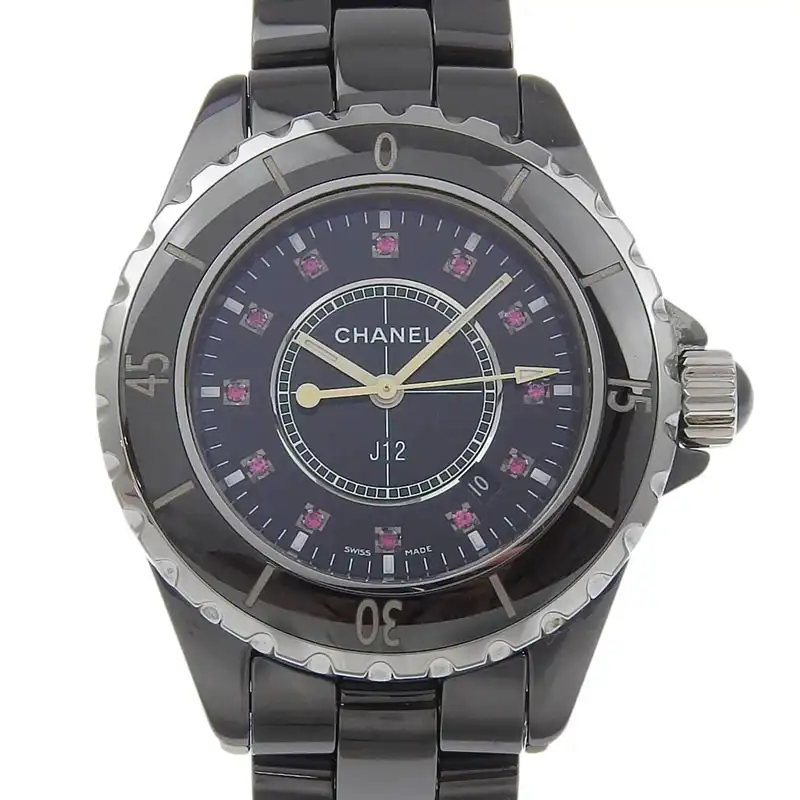 シャネル CHANEL J12 レディース クォーツ 腕時計 セラミック/SS 12Pルビー ブラック文字盤 H1634 中古 CH1056