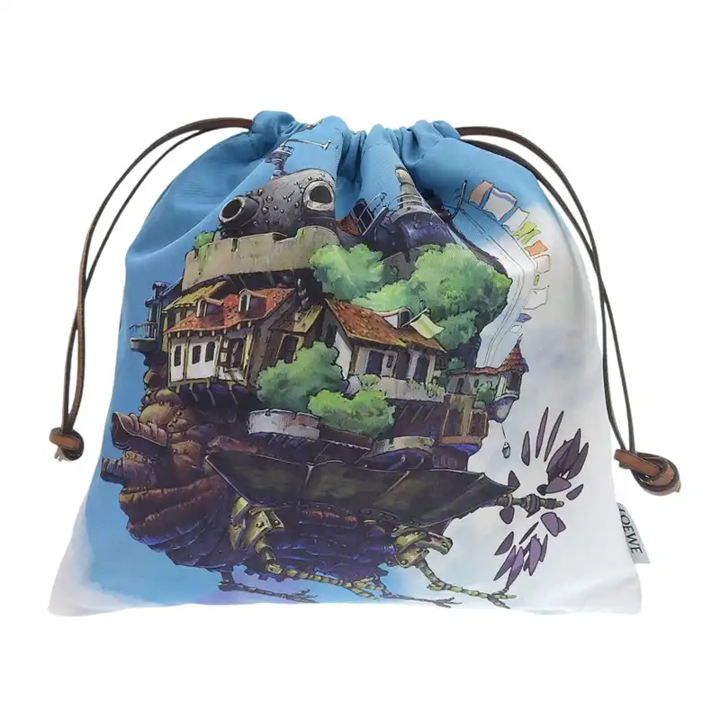 ロエベ LOEWE スタジオジブリ ハウルの動く城 ドローストリング ポーチ キャンバス レザー ブルー系マルチカラー 中古 OB2388
