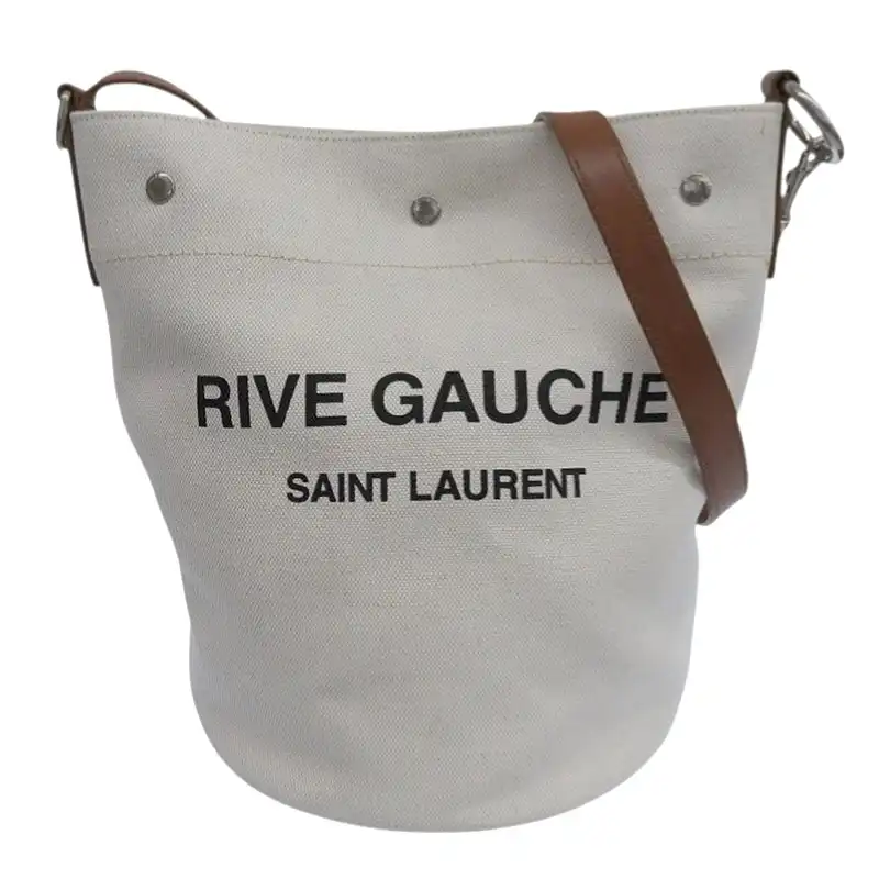 サンローラン SAINT LAURENT リヴゴーシュ ショルダー バケットバッグ キャンバス レザー ホワイト ブラウン 669299 中古 OB2550