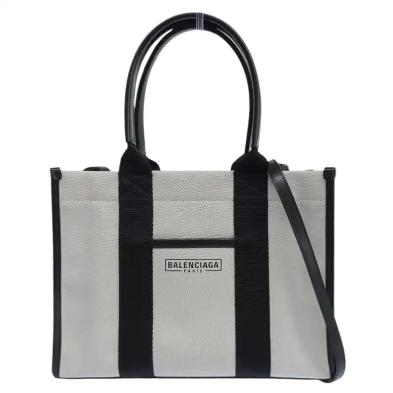 バレンシアガ BALENCIAGA ハードウェアトート スモール 2WAY トート ショルダーバッグ キャンバス レザー 白 黒 671402 中古 OB2571