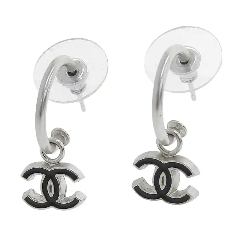 シャネル CHANEL ココマーク ピアス ブラック シルバー色 04P 中古 CH1073