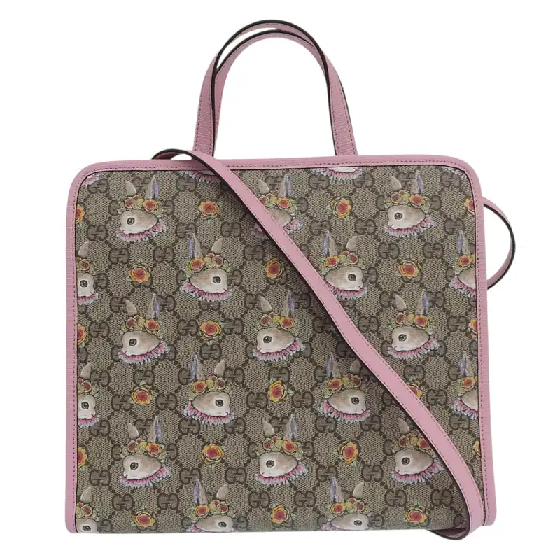 グッチ GUCCI GGスプリーム チルドレンズ ヒグチユウコ ラビット 2WAYバッグ PVC/レザー ベージュ/ピンク 630542 中古 GU0651