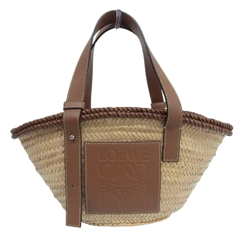 ロエベ LOEWE バスケットバッグ スモール トートバッグ かごバッグ ラフィア/レザー ナチュラル/タン 中古 OB2611