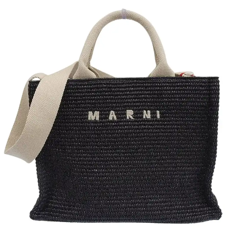 http://マルニ%20MARNI%202WAY%20トートバッグ%20ショルダーバッグ%20ポリアミドナイロン/コットン%20ブラック/ナチュラル%20SHMP0077U0%20中古%20OB2620