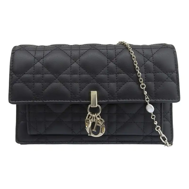 ディオール CHRISTIAN DIOR カナージュ デイリーチェーンポーチ ショルダー クロスボディ レザー 黒 S0937ONMJ-M900 中古 OB2623