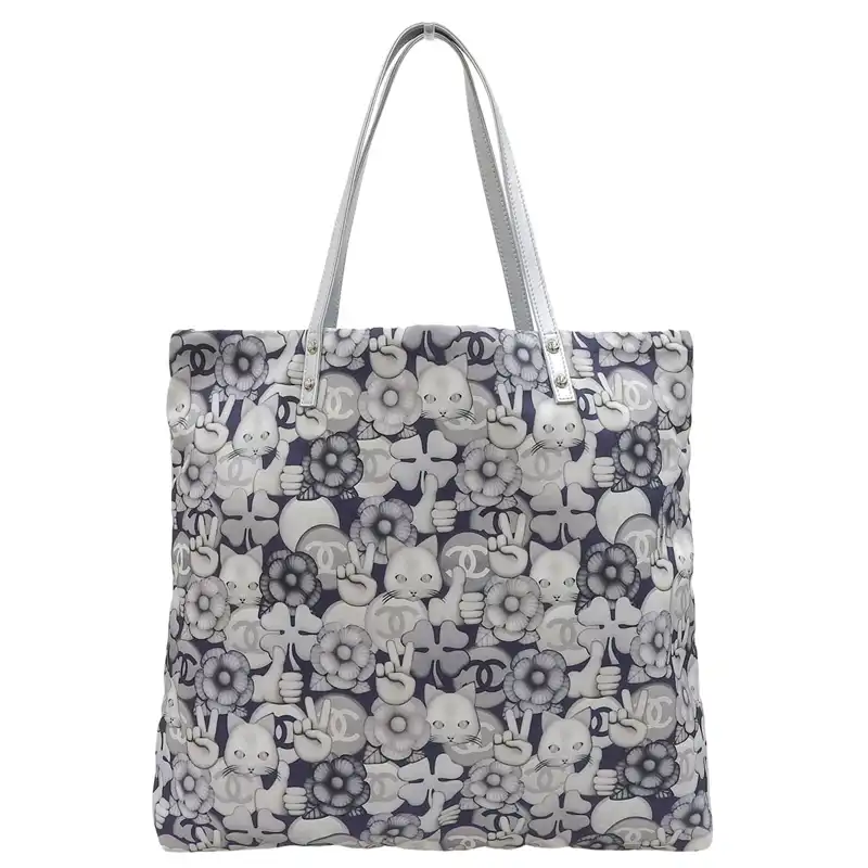 シャネル CHANEL シュペット トートバッグ キャット 猫 ナイロン/レザー シルバー/ネイビー 23番台 中古 CH1083