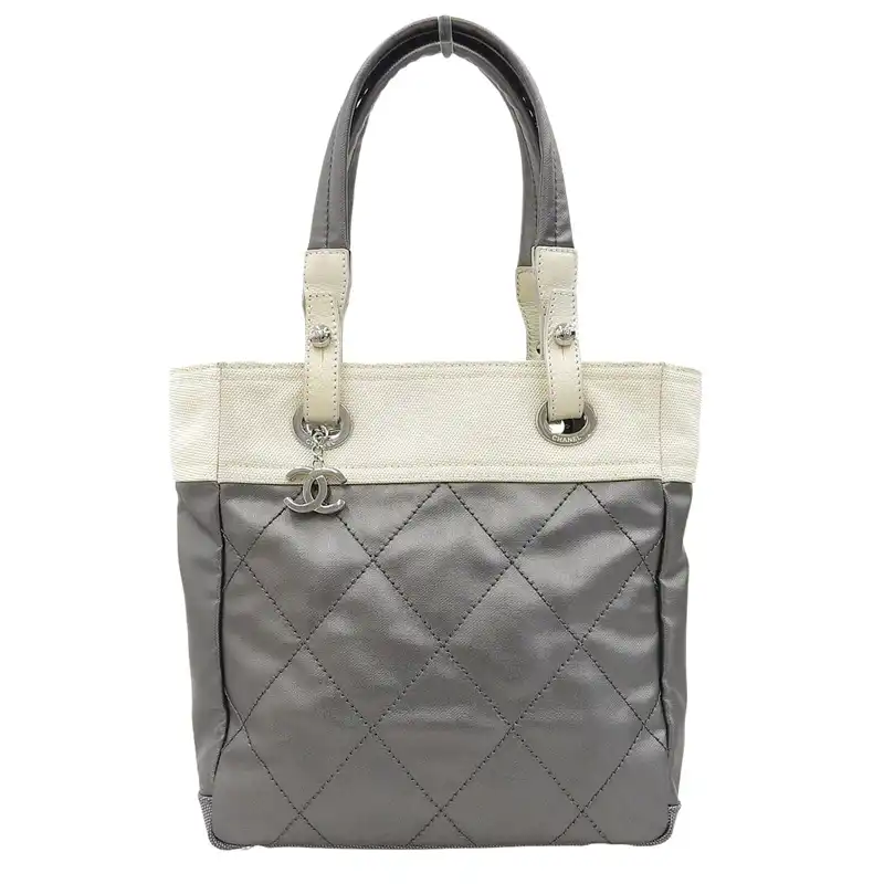 シャネル CHANEL パリビアリッツ トートバッグ レザー/キャンバス シルバー/ホワイト 11番台 中古 CH1085