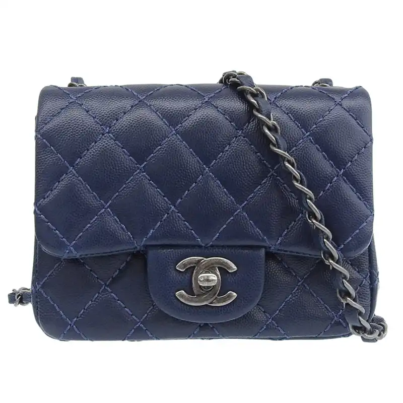 シャネル CHANEL ミニマトラッセ 20 ショルダーバッグ チェーンショルダー キャビアスキン ネイビー 23番台 中古 CH1090
