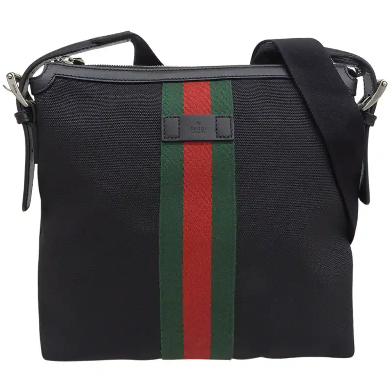 グッチ GUCCI シェリーライン ショルダーバッグ 斜め掛けショルダー キャンバス/レザー ブラック 387111 中古 GU0659