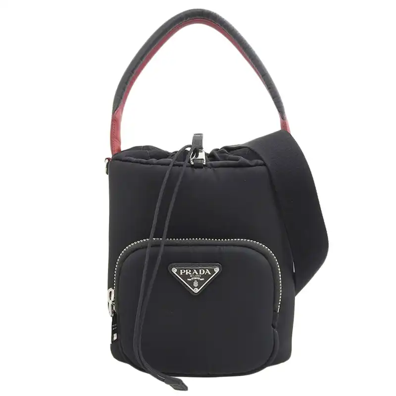 プラダ PRADA バケットバッグ 2WAYバッグ ショルダーバッグ ハンドバッグ ナイロン/レザー ブラック/レッド 1BE026 中古 OB2630
