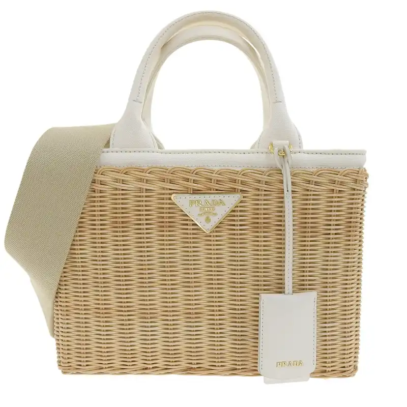 プラダ PRADA ウィッカーカゴバッグ 2WAY ショルダー ハンドバッグ ミドリーノ/キャンバス ホワイト/ベージュ 1BG835 中古 OB2641