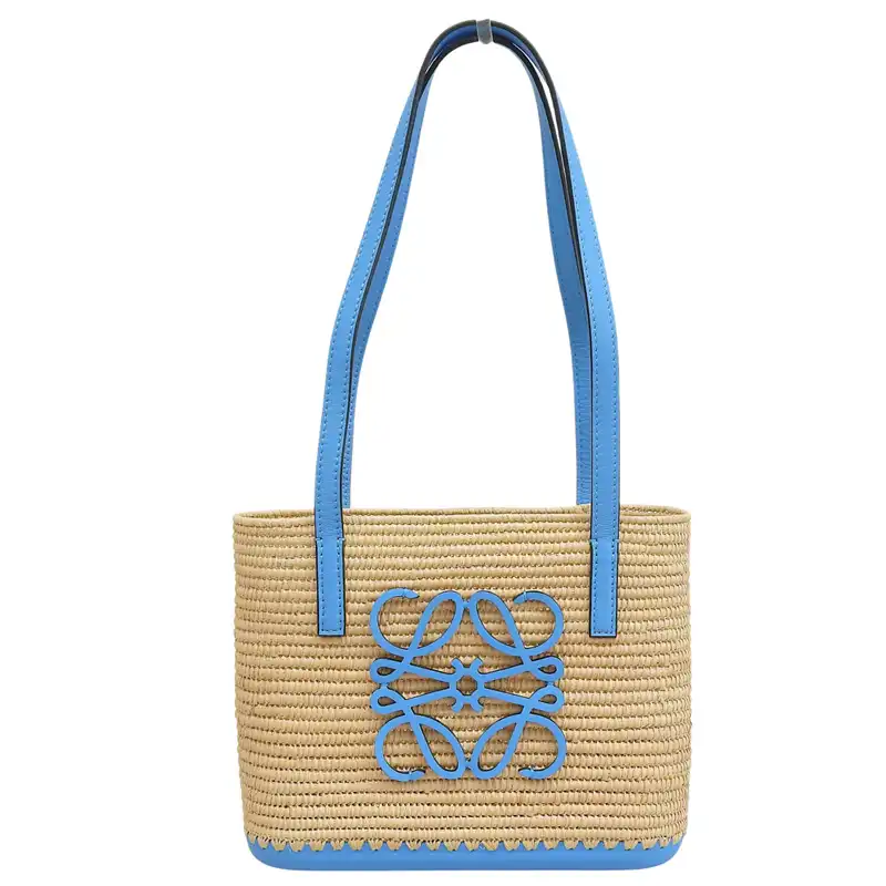 ロエベ LOEWE スクエアバスケット ミニ ハンドバッグ ラフィア/レザー ナチュラル/ブルー A223P72X01 中古 OB2660