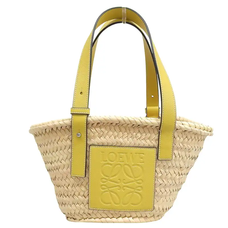 ロエベ LOEWE バスケットバッグ スモール トートバッグ かごバッグ ラフィア/レザー ナチュラル/イエロー 327.02.S93 中古 OB2668