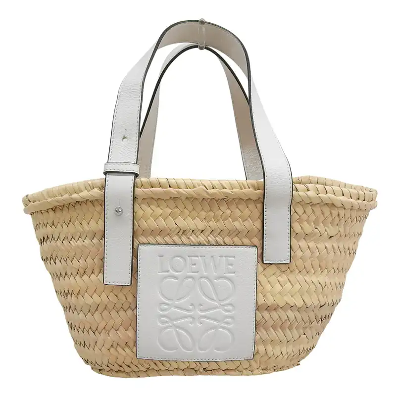 ロエベ LOEWE バスケットバッグ スモール トートバッグ かごバッグ ラフィア/レザー ナチュラル/ホワイト A223S93X04 中古 OB2669
