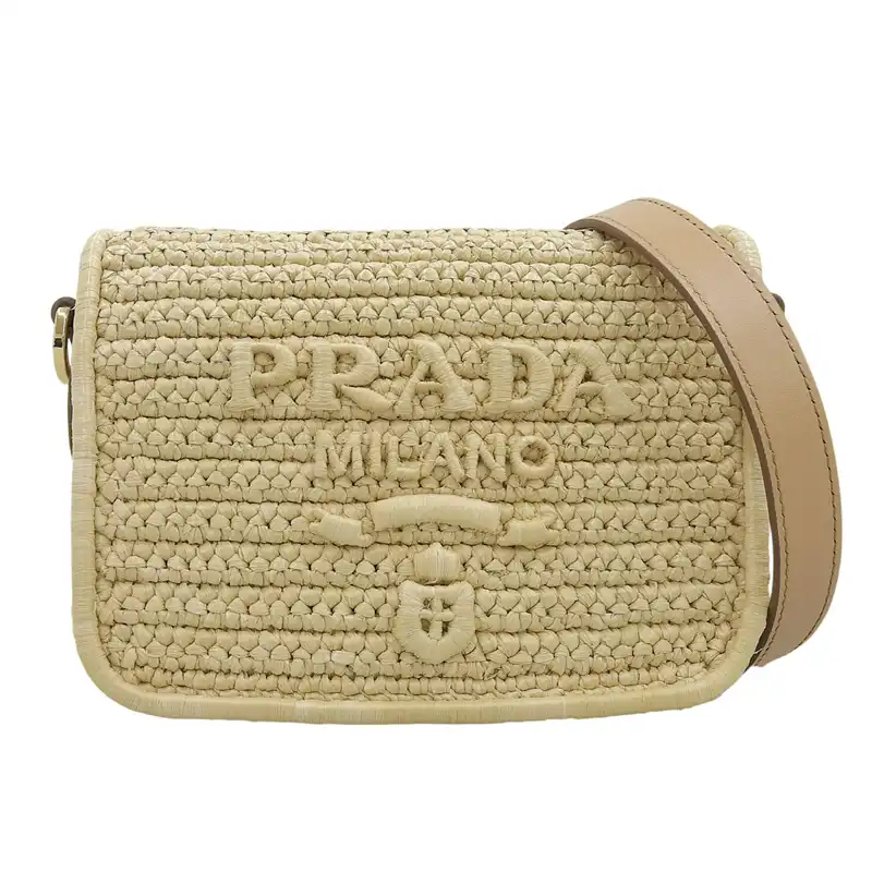 プラダ PRADA ショルダーバッグ ラフィア/レザー ベージュ 1BD335 中古 OB2671