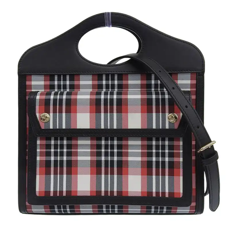 http://バーバリー%20BURBERRY%20ポケットバッグ%202WAY%20ハンドバッグ%20ナイロン/レザー%20ブラック/レッド%20チェック%208035841%20中古%20OB2681