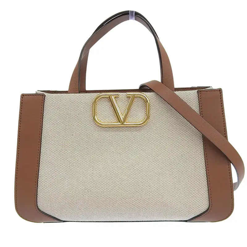 ヴァレンティノ VALENTINO Vロゴ ハンドバッグ ショルダーバッグ キャンバス/レザー ベージュ/ブラウン 2W2B0K96YJH 中古 OB2686
