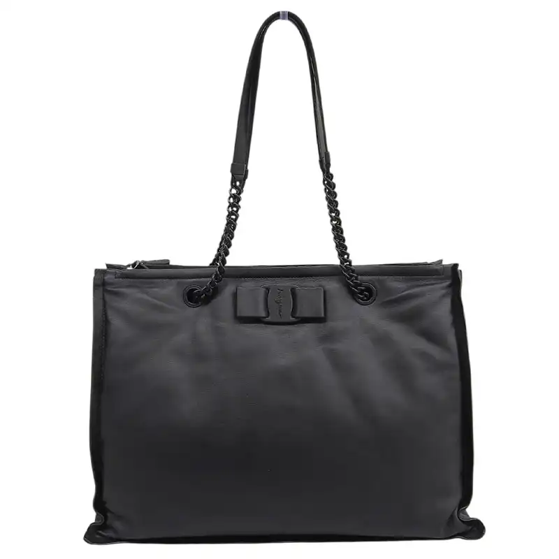 フェラガモ FERRAGAMO VIVA ボウ トートバッグ チェーントート レザー ブラック 中古 OB2687