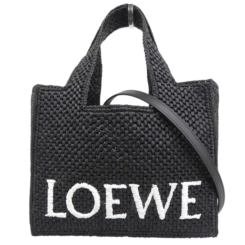 http://ロエベ%20LOEWE%20フォントトート%20スモール%202WAY%20ハンドバッグ%20ショルダーバッグ%20ラフィア/レザー%20ブラック%20A685B59X01%20中古%20OB2706