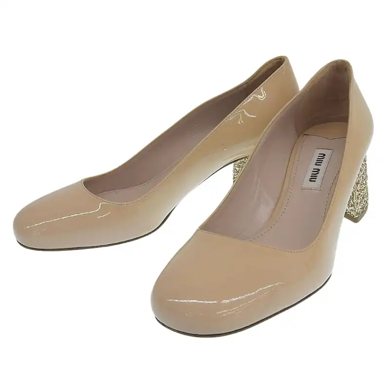 ミュウミュウ MIUMIU パンプス 靴 エナメル ゴールドラメ ベージュ 35 1/2 約22.5cm 中古 OBB0648