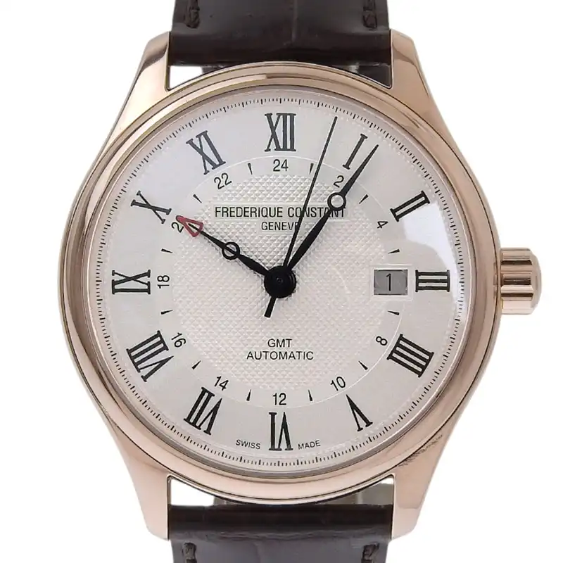 http://フレデリック・コンスタント%20FREDERIQUE%20CONSTANT%20クラシック%20GMT%20メンズ%20自動巻き%20GP%20革%20シルバー文字盤%20FC-350MC5B4%20中古%20OW0483