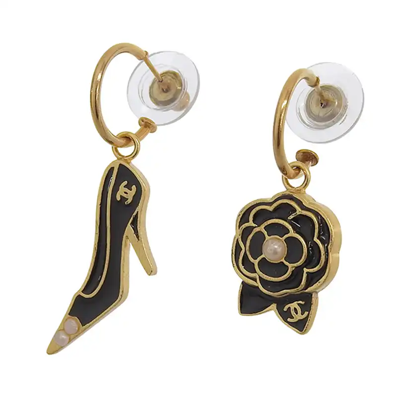 シャネル CHANEL カメリア ハイヒール ココマーク ピアス GP ブラック ゴールド色 02A 中古 CH1095