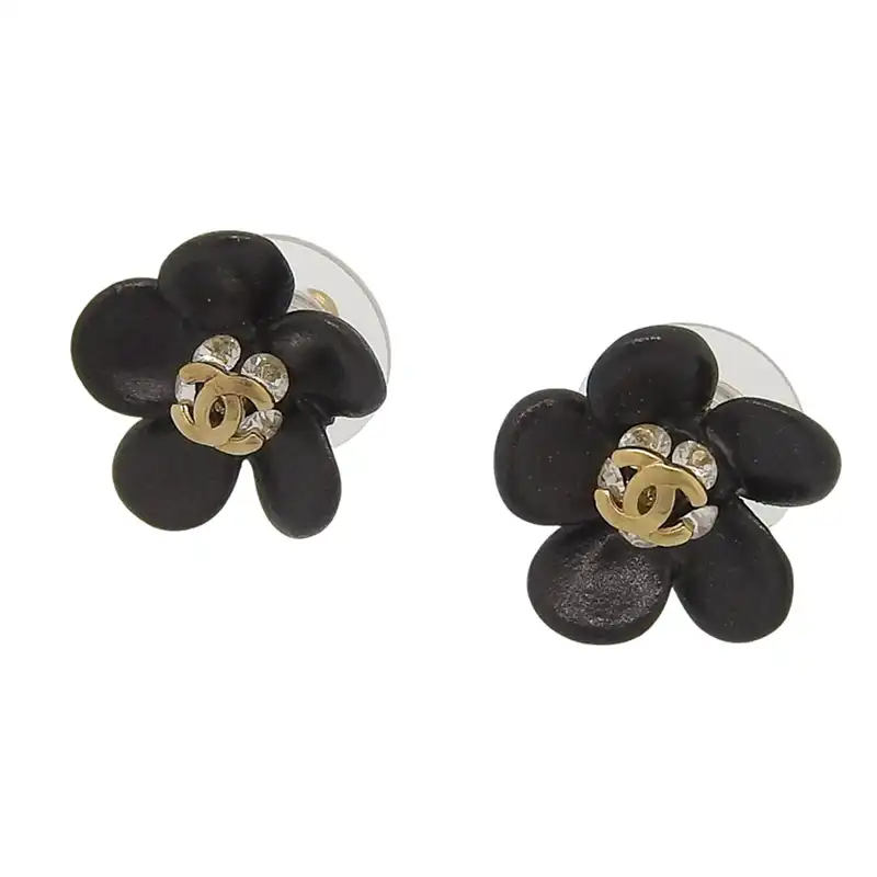 シャネル CHANEL ココマーク フラワー ラインストーン ピアス ブラック 02A 中古 CH1105