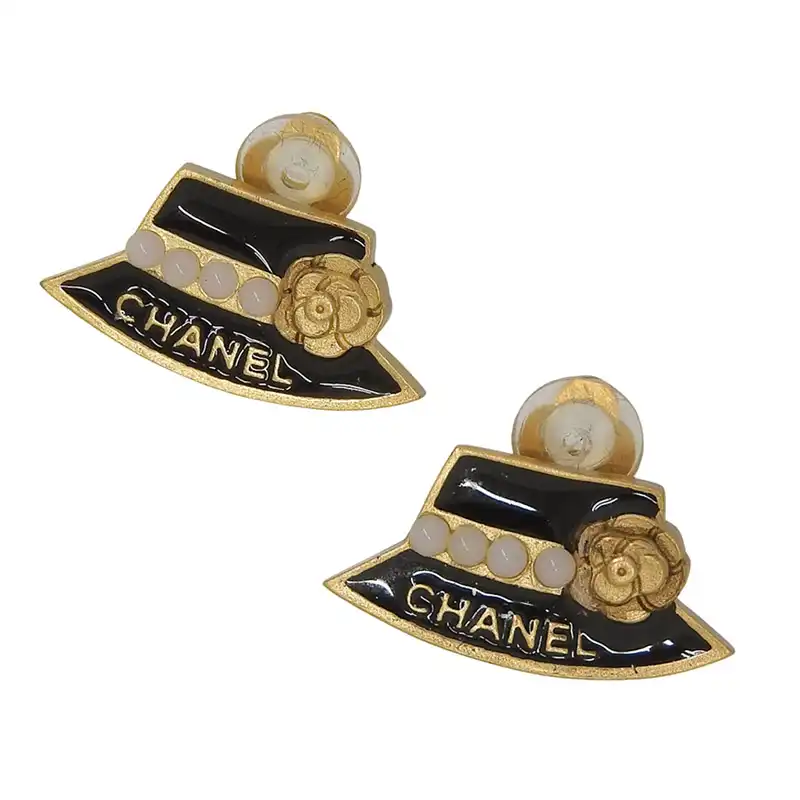 http://シャネル%20CHANEL%20ハット%20カメリア%20イヤリング%20ブラック%20ゴールド色%2002A%20中古%20CH1118