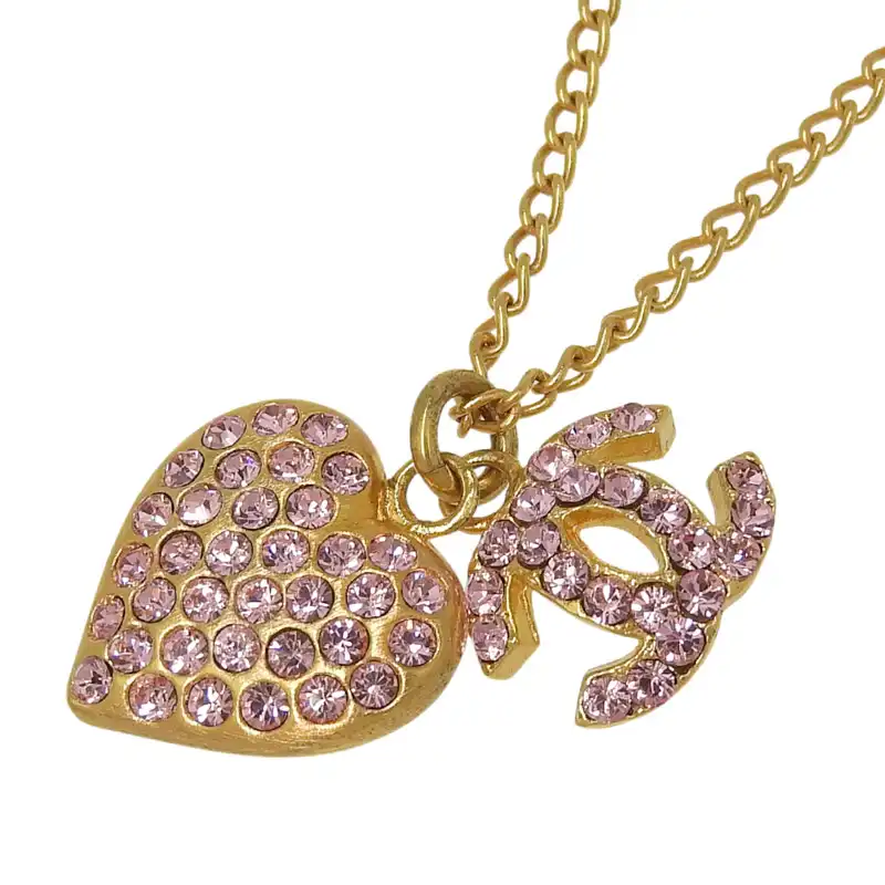 シャネル CHANEL ココマーク ハート ネックレス ラインストーン ピンク/ゴールド色 02P 中古 CH1125