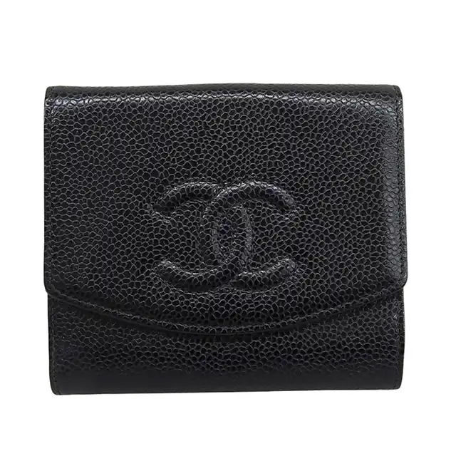 シャネル CHANEL 三つ折り財布 コンパクトウォレット キャビアスキン ブラック 6番台 中古 CH1128