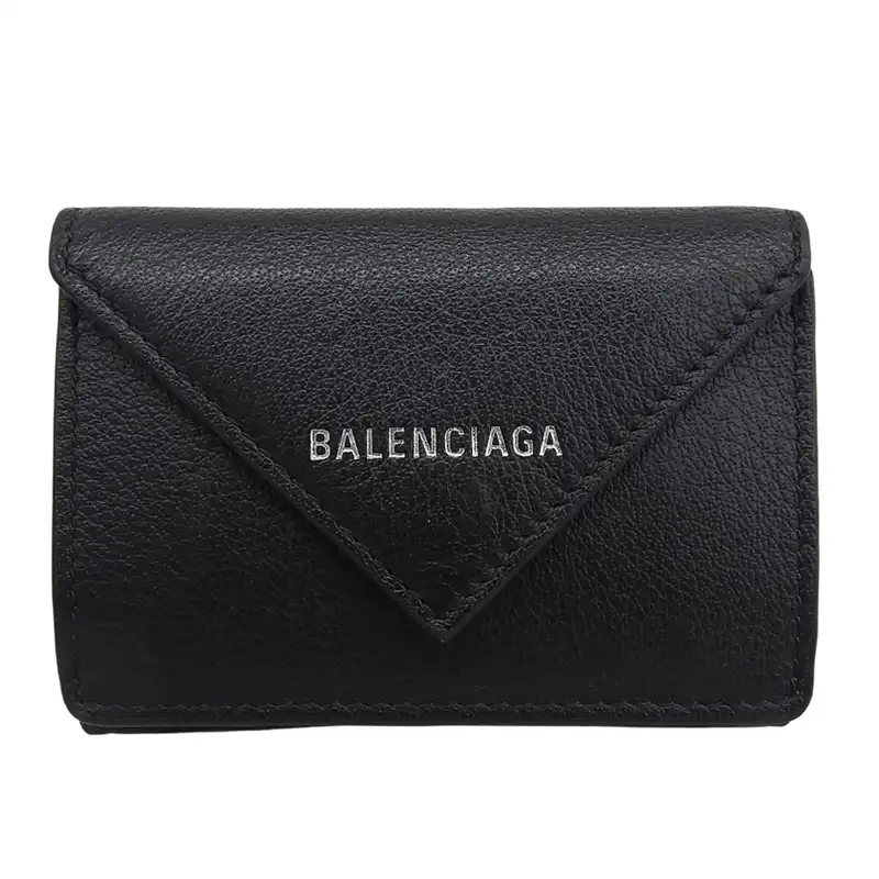 バレンシアガ BALENCIAGA ペーパーミニ 三つ折り財布 コンパクトウォレット レザー ブラック 391446 中古 OBB0665