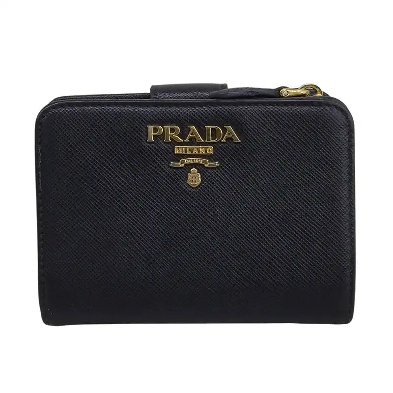 プラダ PRADA 二つ折り財布 コンパクトウォレット サフィアーノ レザー ブラック 1ML018 中古 OBB0666