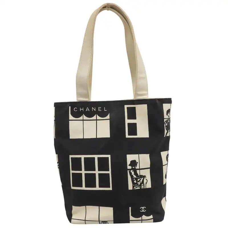 シャネル CHANEL ウィンドウズライン トートバッグ キャンバス ブラック ホワイト 8番台 中古 CH1150