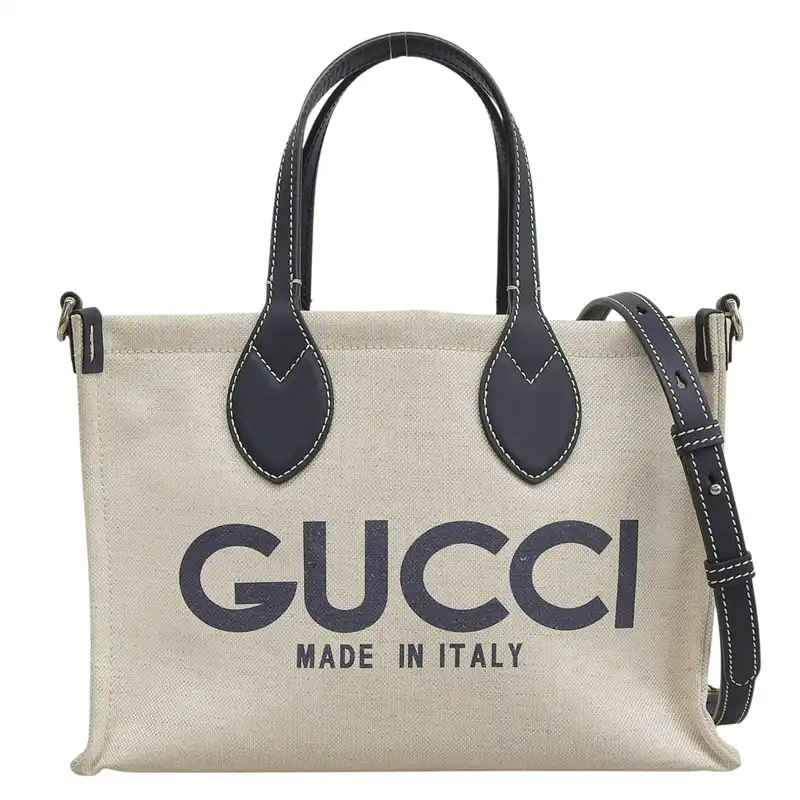グッチ GUCCI 2WAYバッグ トートバッグ ミニトート ロゴ キャンバス/レザー ベージュ/ネイビー 772144 中古 GU0685